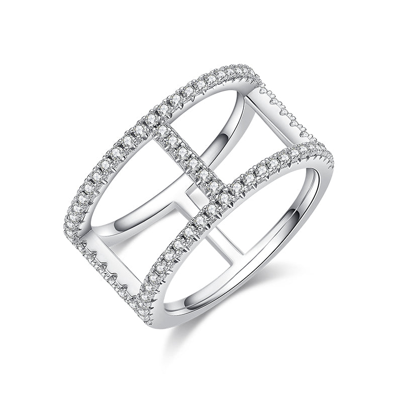 Bague haute double anneau Moissanites en Argent Massif Rhodié