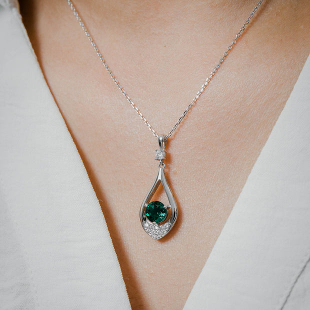 Collier Mira Emeraude de synthèse et Moissanites en Argent Massif Rhodié