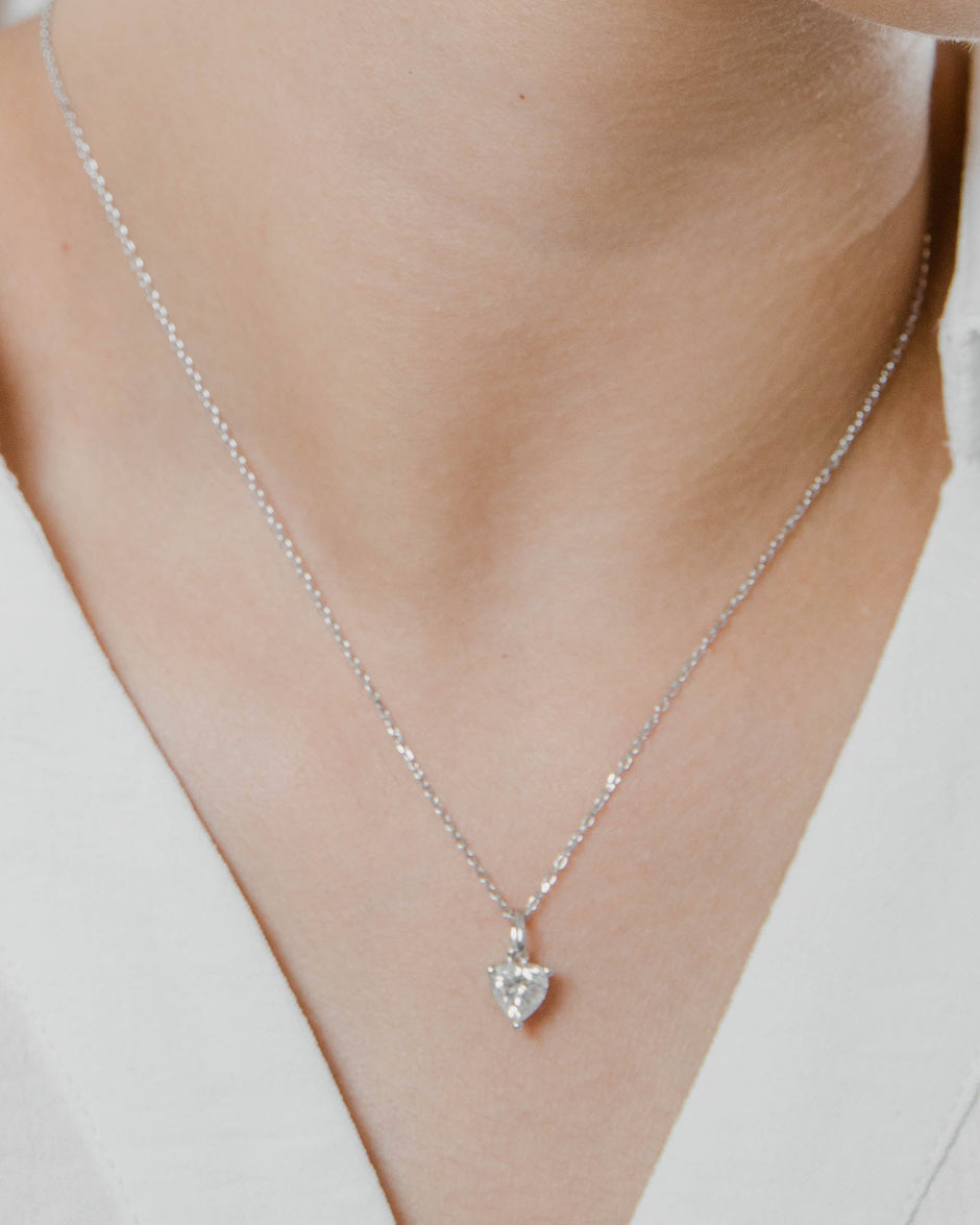 Collier Solitaire Moissanite Cœur Argent Massif Rhodié