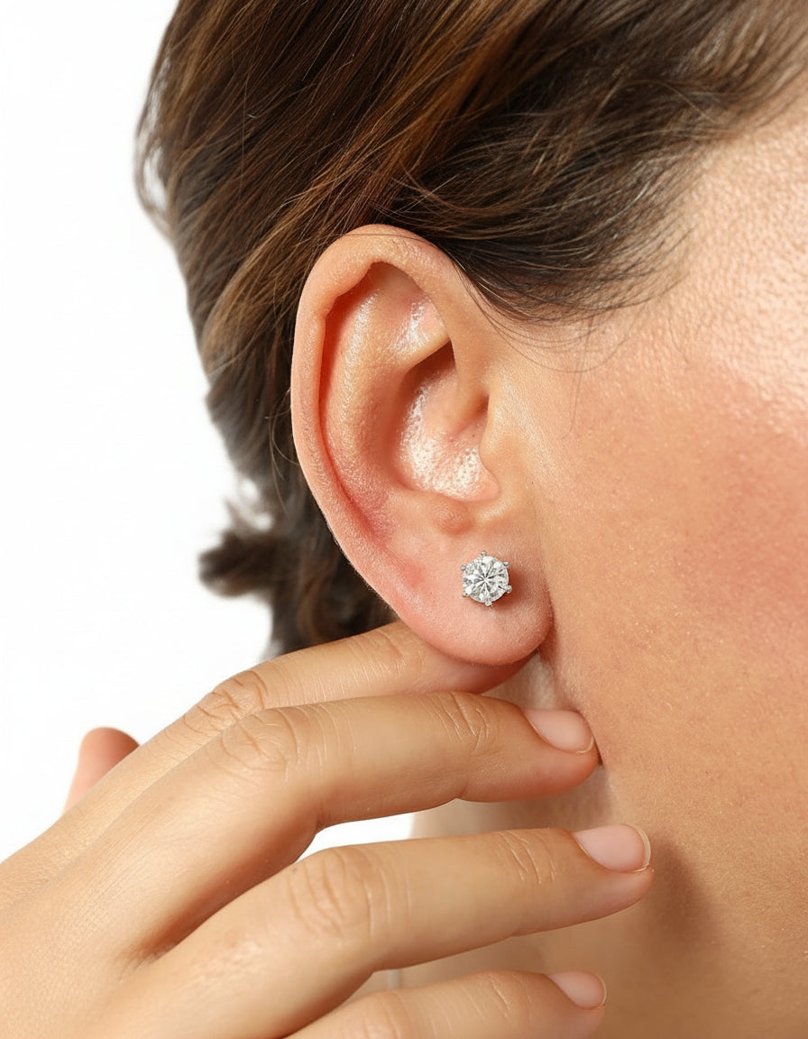 Boucles d’oreilles Solitaire Rondes Moissanites Argent Massif Rhodié 6 griffes