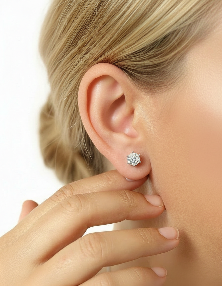 Boucles d’oreilles Solitaire Rondes Moissanites Argent Massif Rhodié 6 griffes