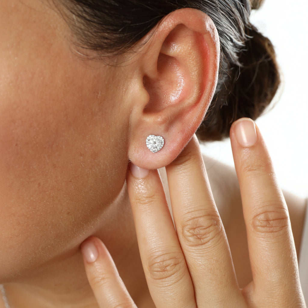 Boucles d’oreilles Cœur serti Moissanites Argent Massif Rhodié