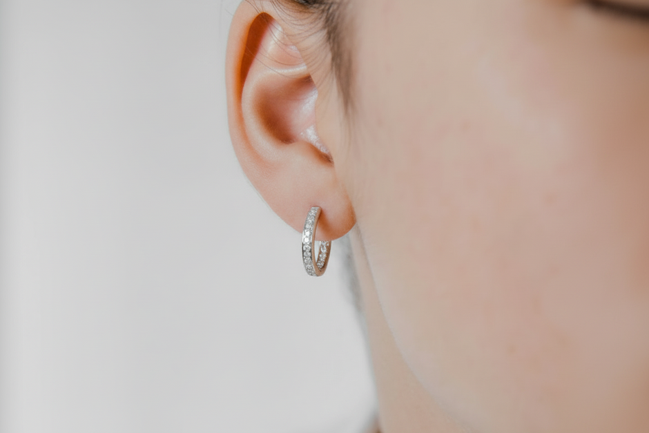 Boucles d'oreilles Créoles Moissanites double sertissage Argent Massif Rhodié