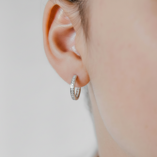 Boucles d'oreilles Créoles Moissanites double sertissage Argent Massif Rhodié