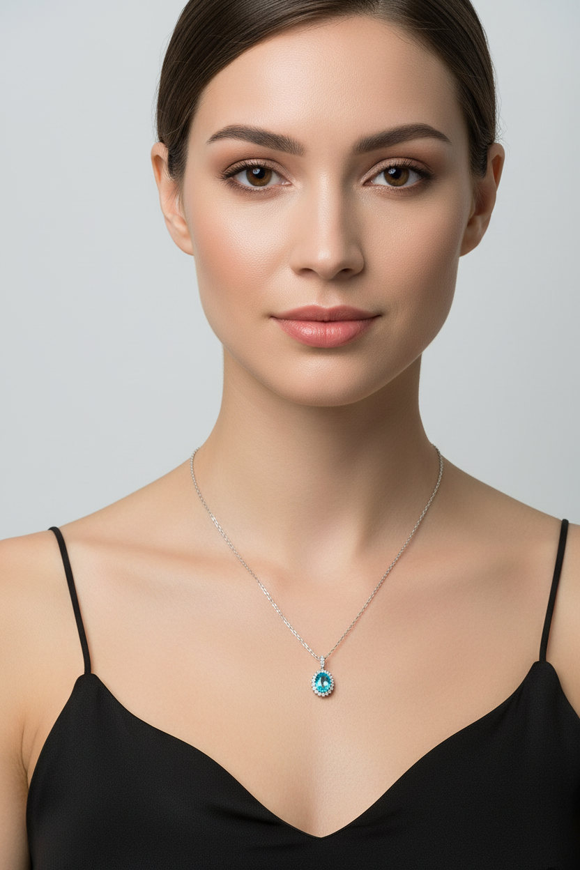Collier Paraíba de synthèse et Moissanites Argent Massif Rhodié