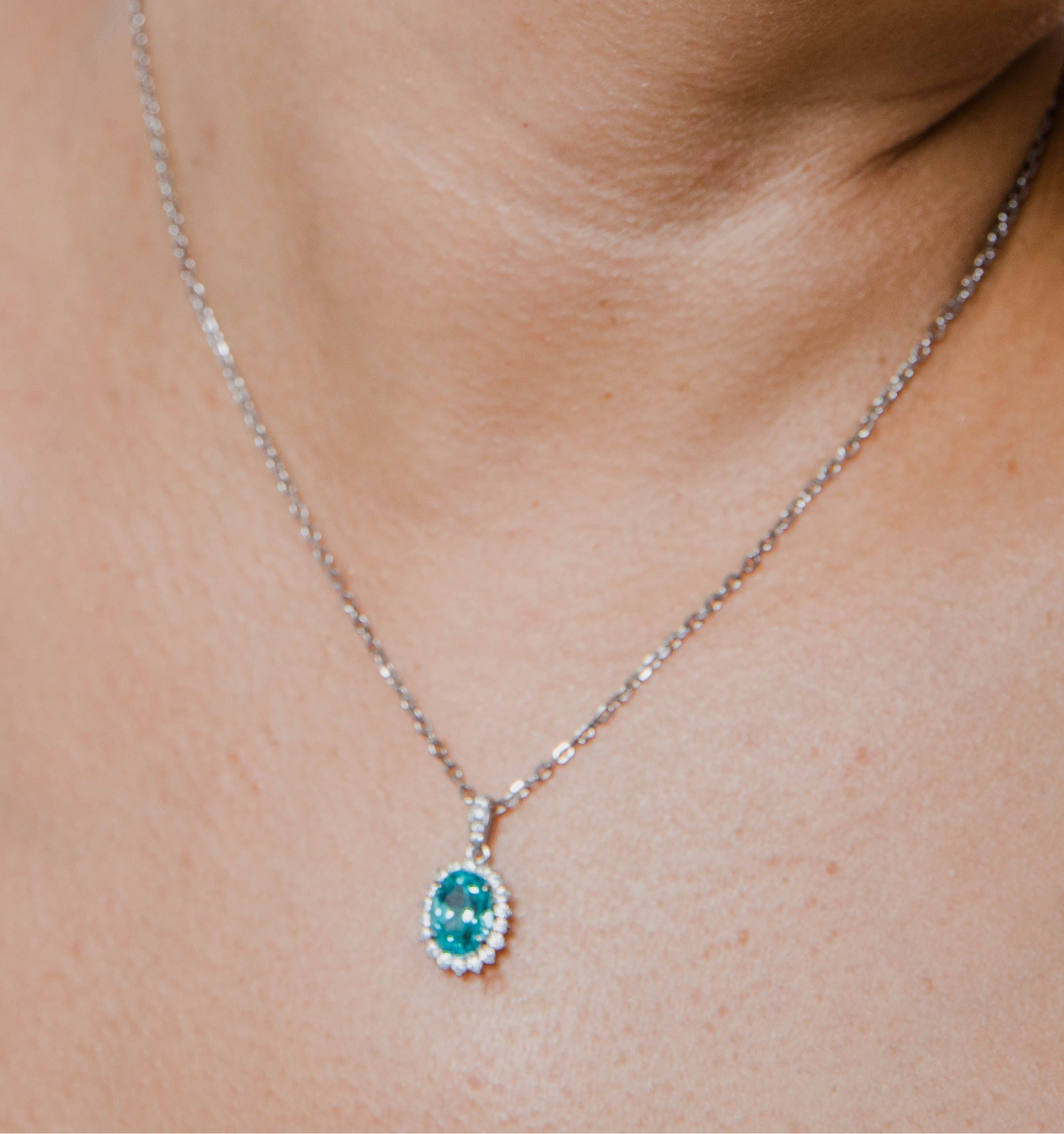 Collier Paraíba de synthèse et Moissanites Argent Massif Rhodié