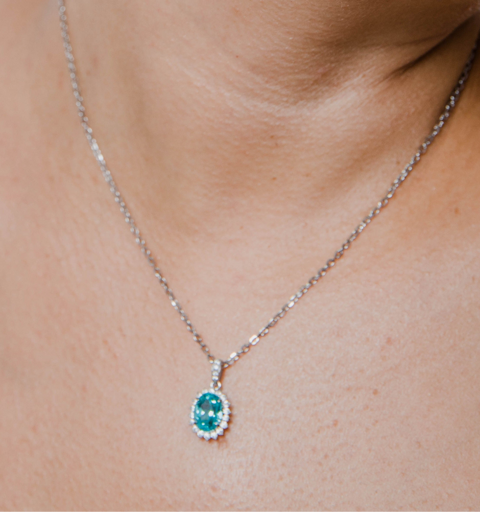 Collier Paraíba de synthèse et Moissanites Argent Massif Rhodié