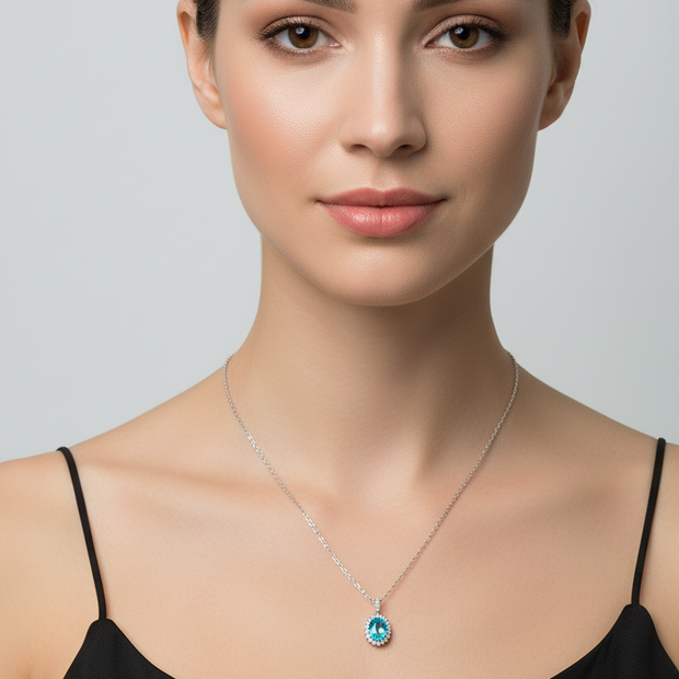 Collier Paraíba de synthèse et Moissanites Argent Massif Rhodié