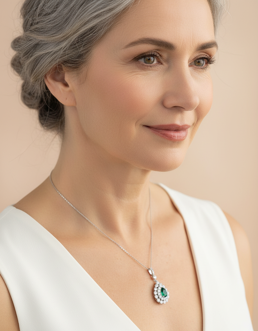 Collier Alissa Emeraude de synthèse et Moissanites Argent Massif Rhodié