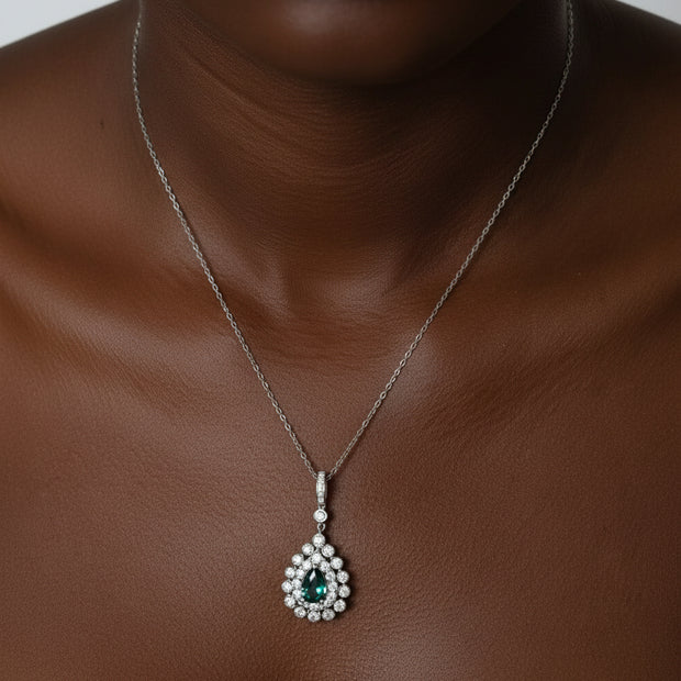 Collier Alissa Emeraude de synthèse et Moissanites Argent Massif Rhodié