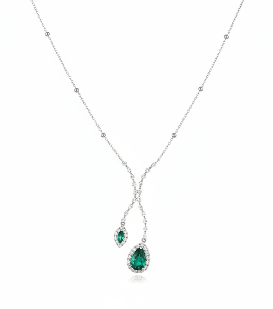 Collier Jasmine Emeraude de synthèse et Moissanites Argent Massif Rhodié