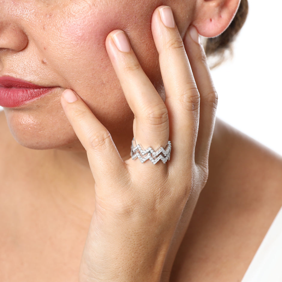 Bague double zigzag Moissanites Argent Massif Rhodié