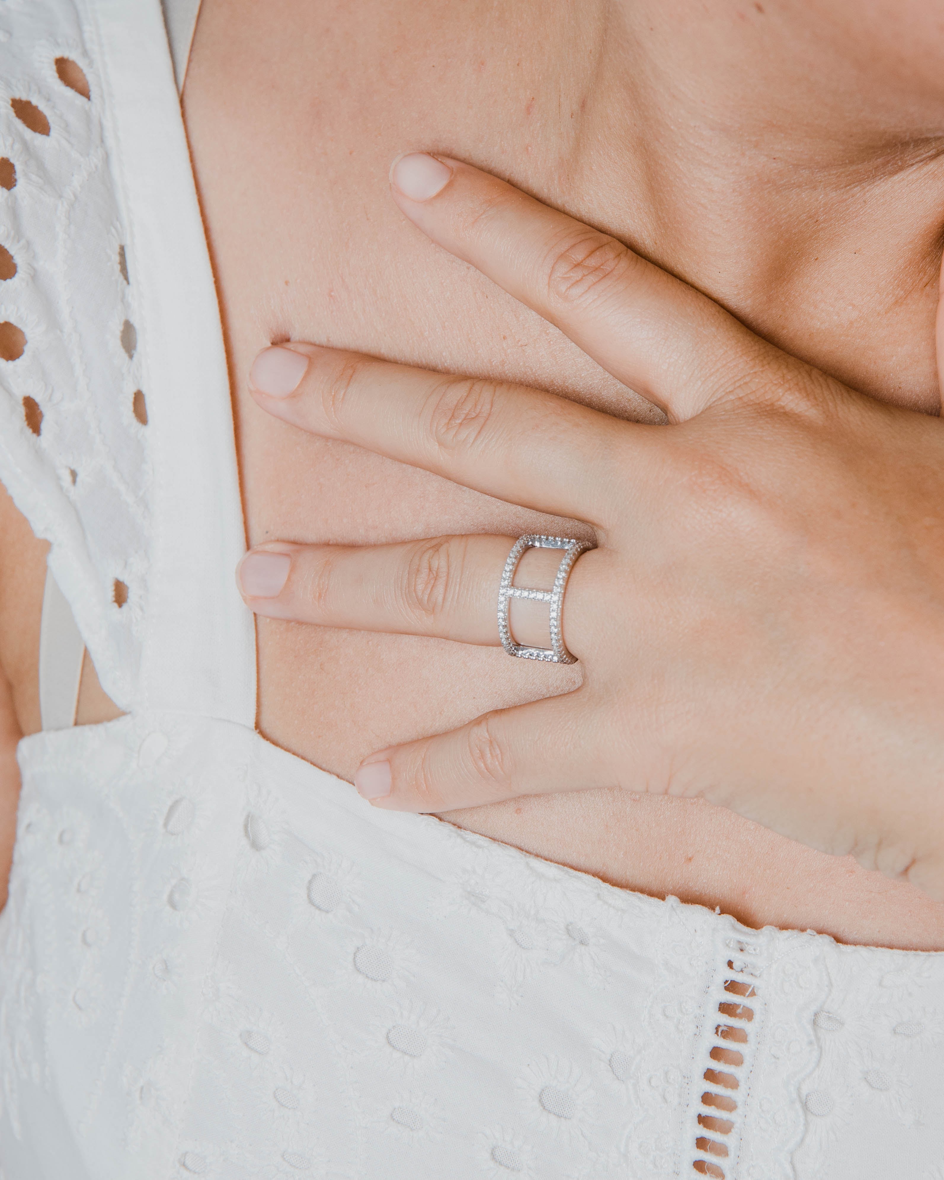 Bague haute double anneau Moissanites en Argent Massif Rhodié