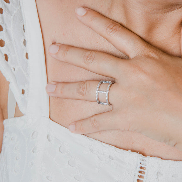 Bague haute double anneau Moissanites en Argent Massif Rhodié