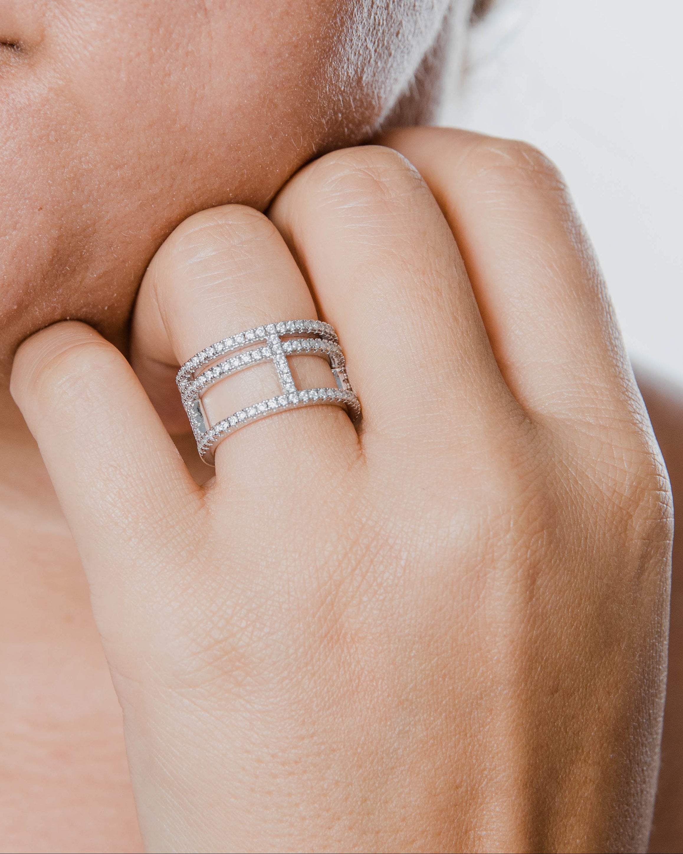 Bague haute triple anneau Moissanites Argent Massif Rhodié