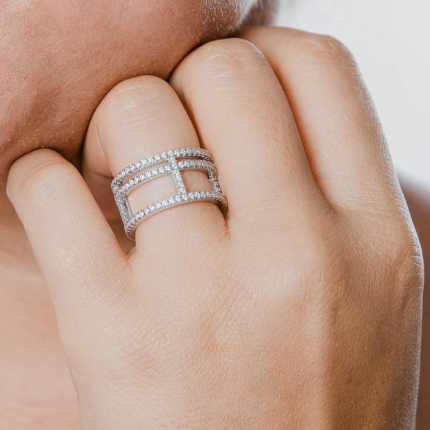 Bague haute triple anneau Moissanites Argent Massif Rhodié