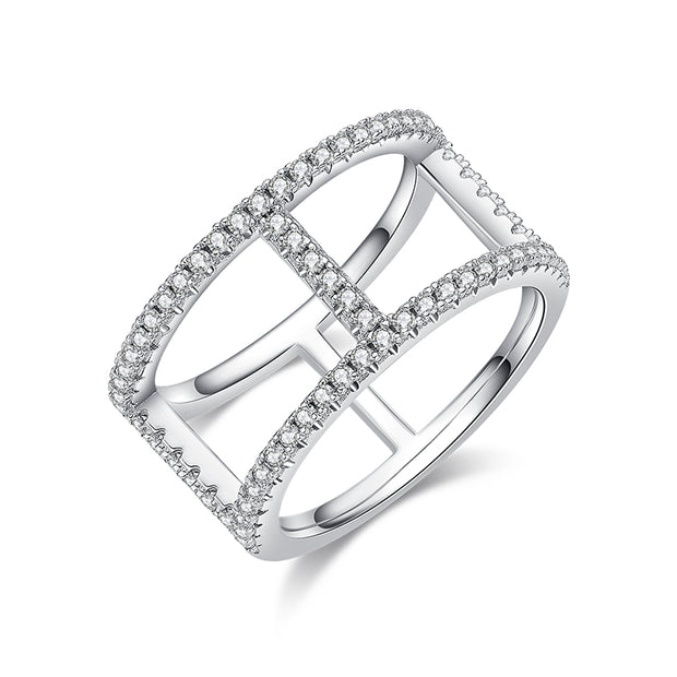 Bague haute double anneau Moissanites en Argent Massif Rhodié