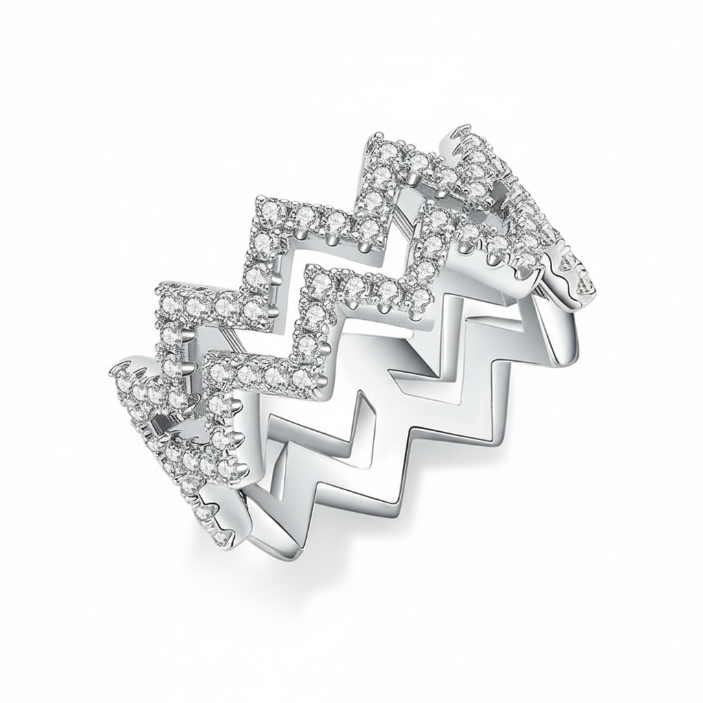 Bague double zigzag Moissanites Argent Massif Rhodié