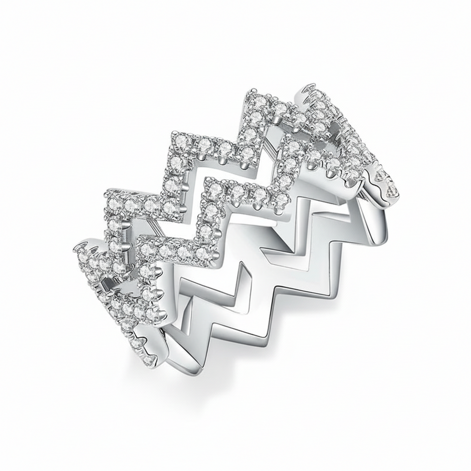 Bague double zigzag Moissanites Argent Massif Rhodié