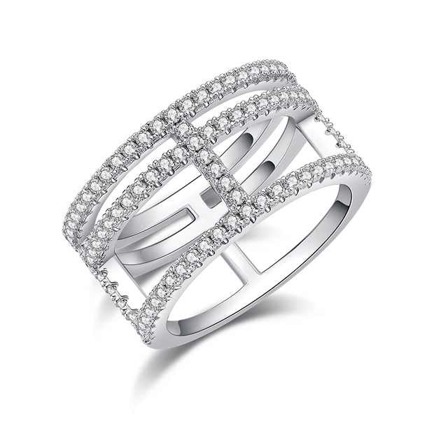 Bague haute triple anneau Moissanites Argent Massif Rhodié