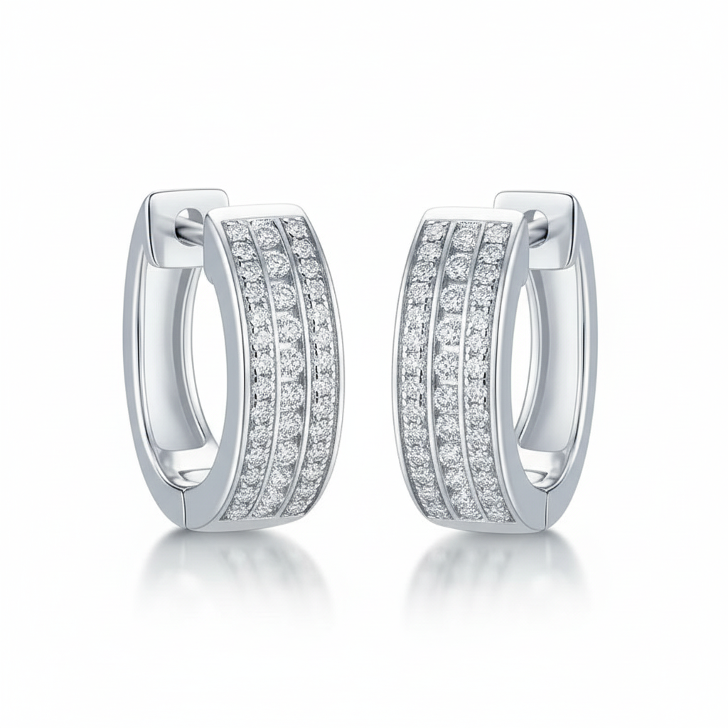 Boucles d'oreilles Créoles 3 rangs Moissanites Argent Massif Rhodié