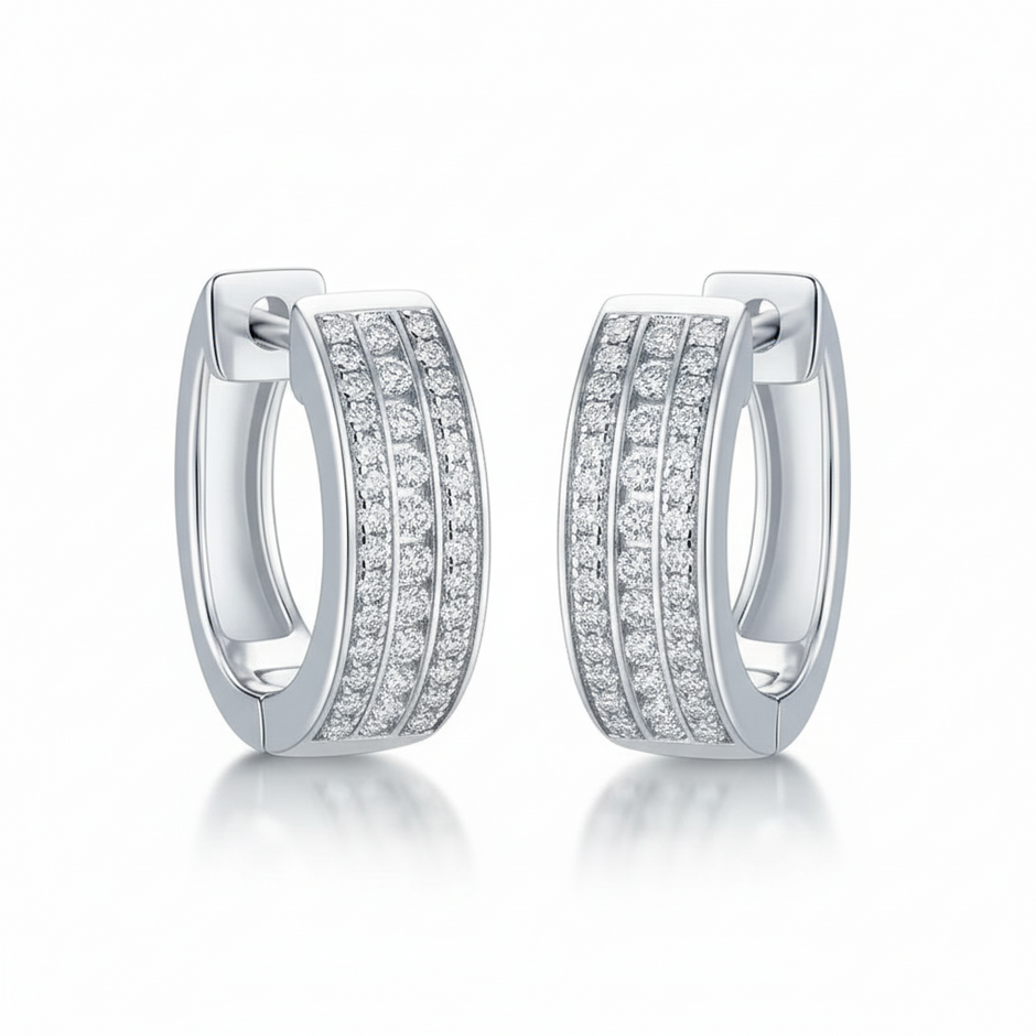 Boucles d'oreilles Créoles 3 rangs Moissanites Argent Massif Rhodié