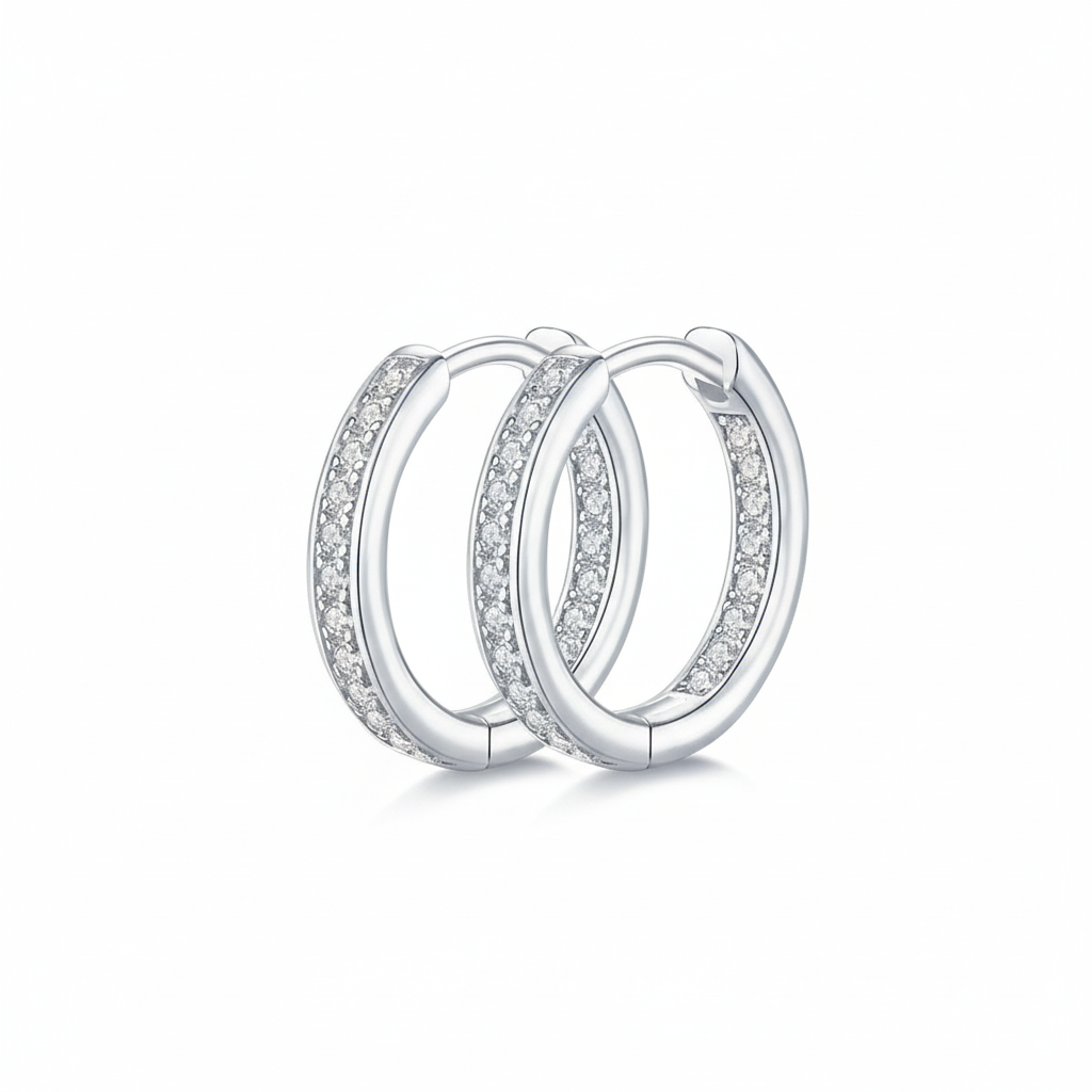 Boucles d'oreilles Créoles Moissanites double sertissage Argent Massif Rhodié