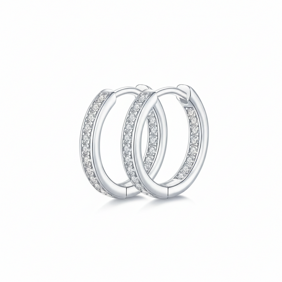 Boucles d'oreilles Créoles Moissanites double sertissage Argent Massif Rhodié