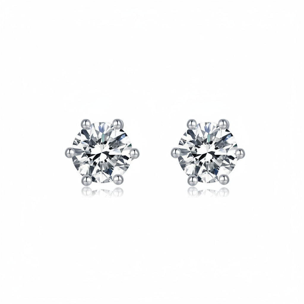 Boucles d’oreilles Solitaire Rondes Moissanites Argent Massif Rhodié 6 griffes