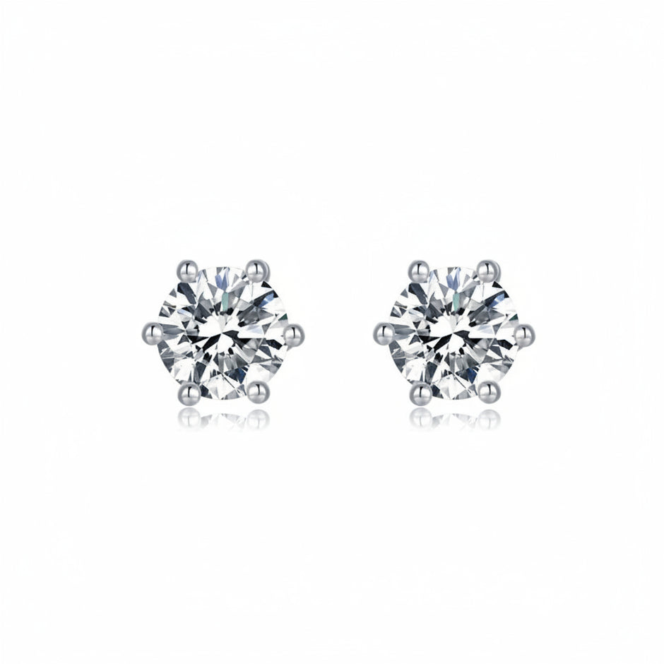 Boucles d’oreilles Solitaire Rondes Moissanites Argent Massif Rhodié 6 griffes