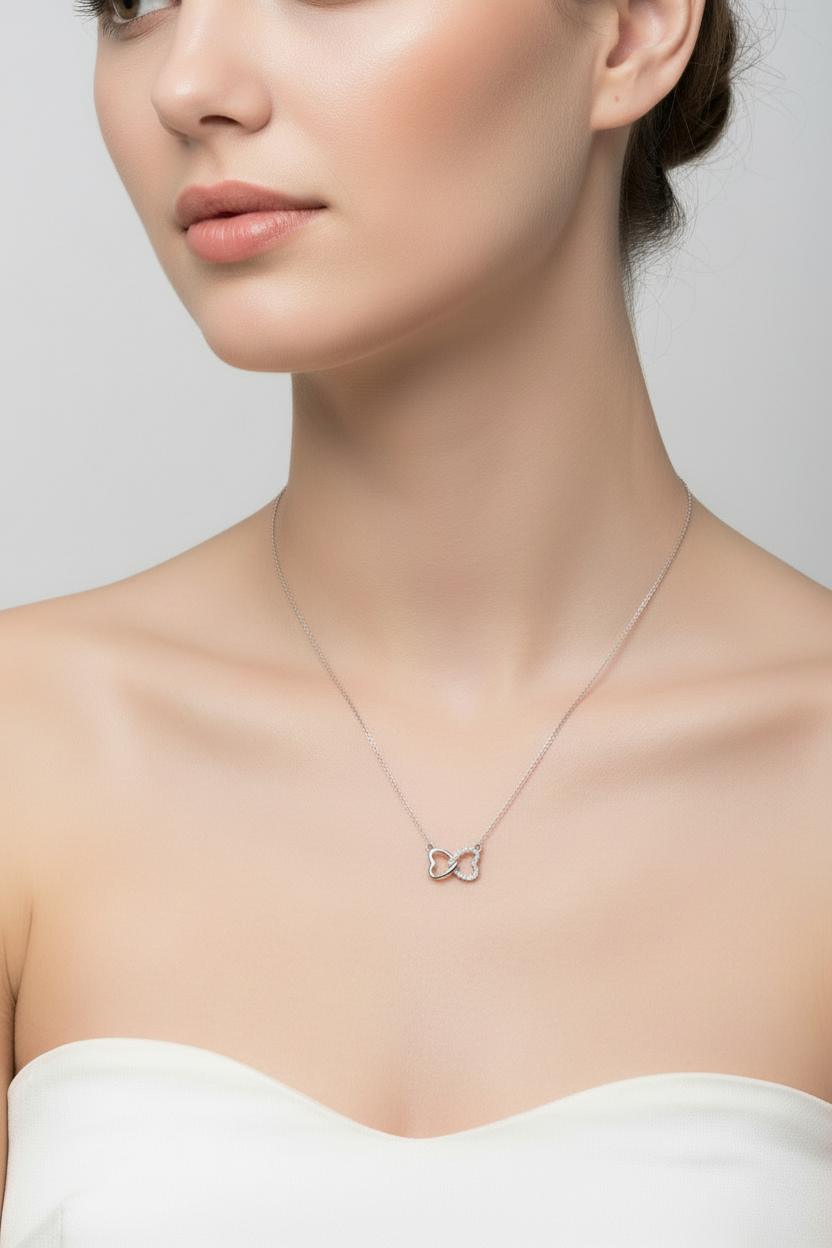 Collier double cœur Moissanites Argent Massif Rhodié