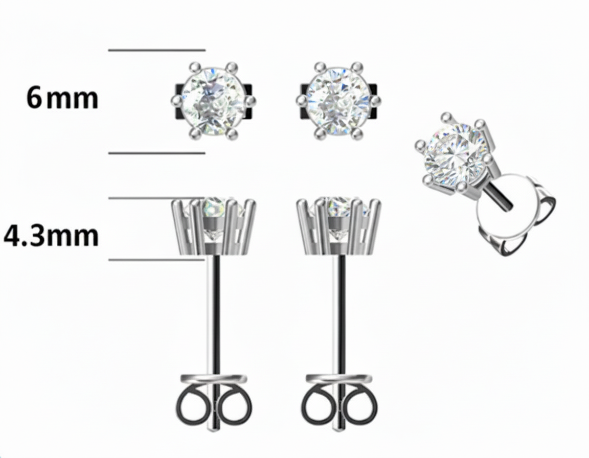 Boucles d’oreilles Solitaire Rondes Moissanites Argent Massif Rhodié 6 griffes