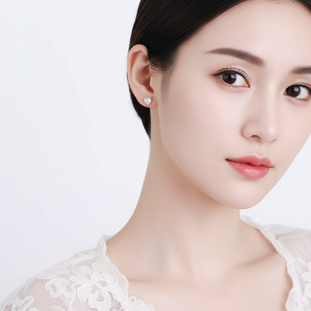 Boucles d’oreilles Solitaire Cœur Moissanites Argent Massif Rhodié