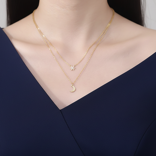 Collier minimaliste Star & Moon double rang argent massif doré & zirconiums