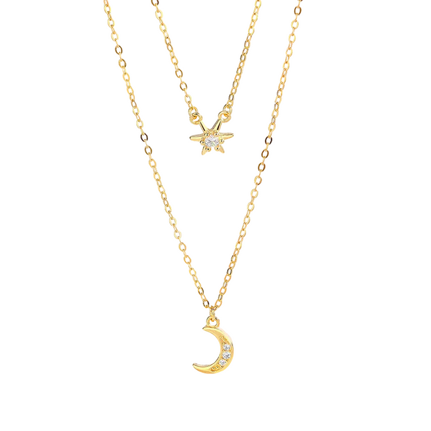 Collier minimaliste Star & Moon double rang argent massif doré & zirconiums