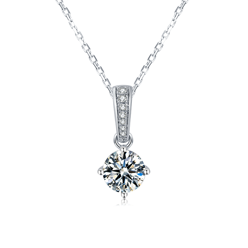 Collier Solitaire Rond serti Moissanite Argent Massif Rhodié