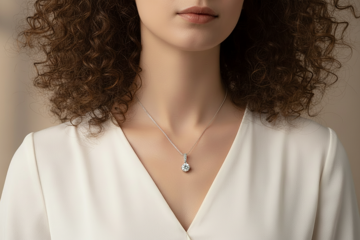 Collier Solitaire Rond serti Moissanite Argent Massif Rhodié