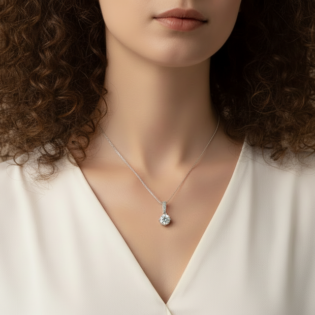 Collier Solitaire Rond serti Moissanite Argent Massif Rhodié