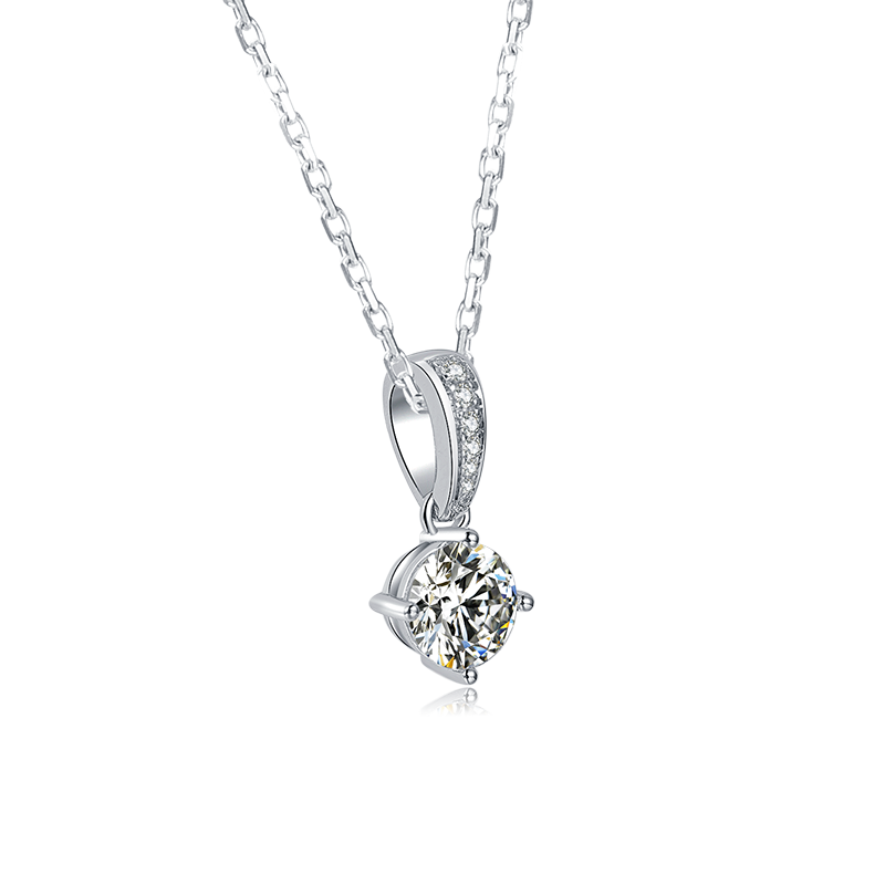 Collier Solitaire Rond serti Moissanite Argent Massif Rhodié