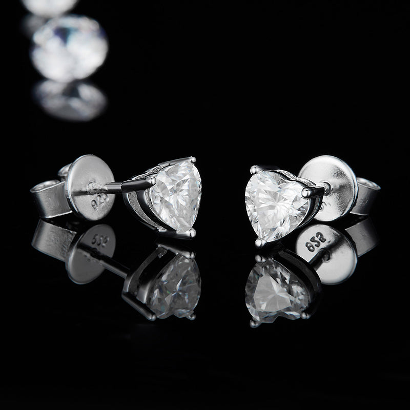 Boucles d’oreilles Solitaire Cœur Moissanites Argent Massif Rhodié