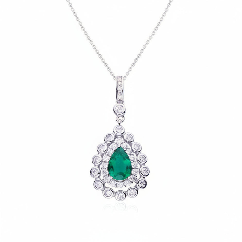Collier Alissa Emeraude de synthèse et Moissanites Argent Massif Rhodié
