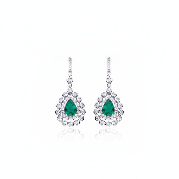 Boucles d’oreilles pendantes Alissa Emeraude de synthèse et Moissanites Argent Massif Rhodié