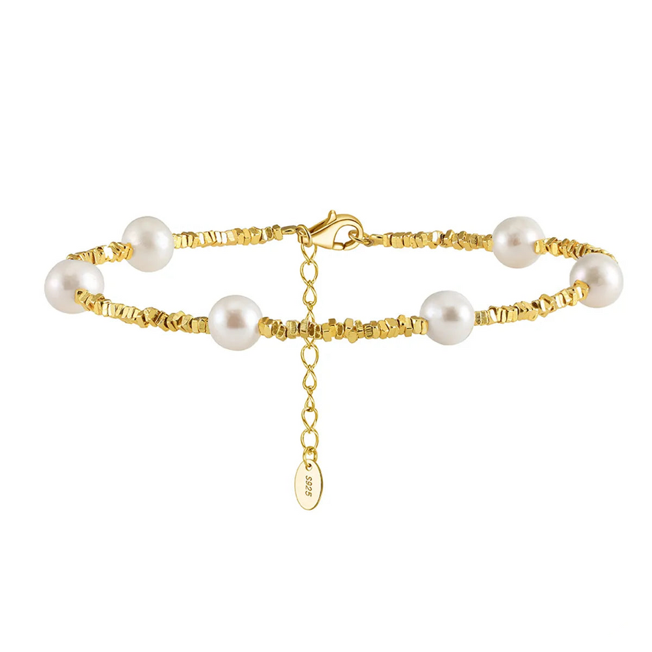 Bracelet géométrique argent massif doré et perles naturelles
