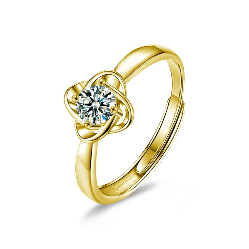 Bague Ajustable Trèfle Argent Massif Doré & Moissanite
