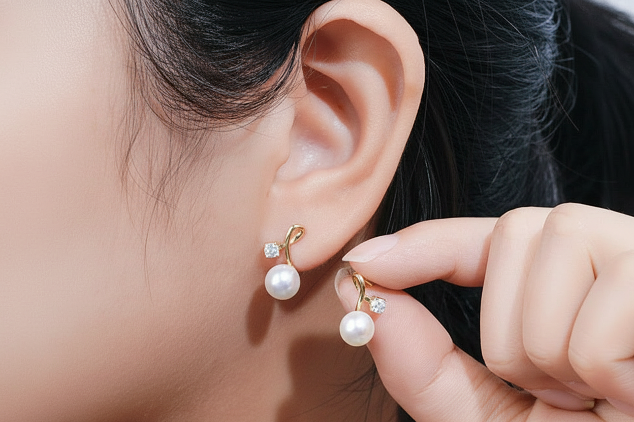 Boucles d'oreilles puces en argent massif doré à l'or fin serties de perles naturelles et de moissanites