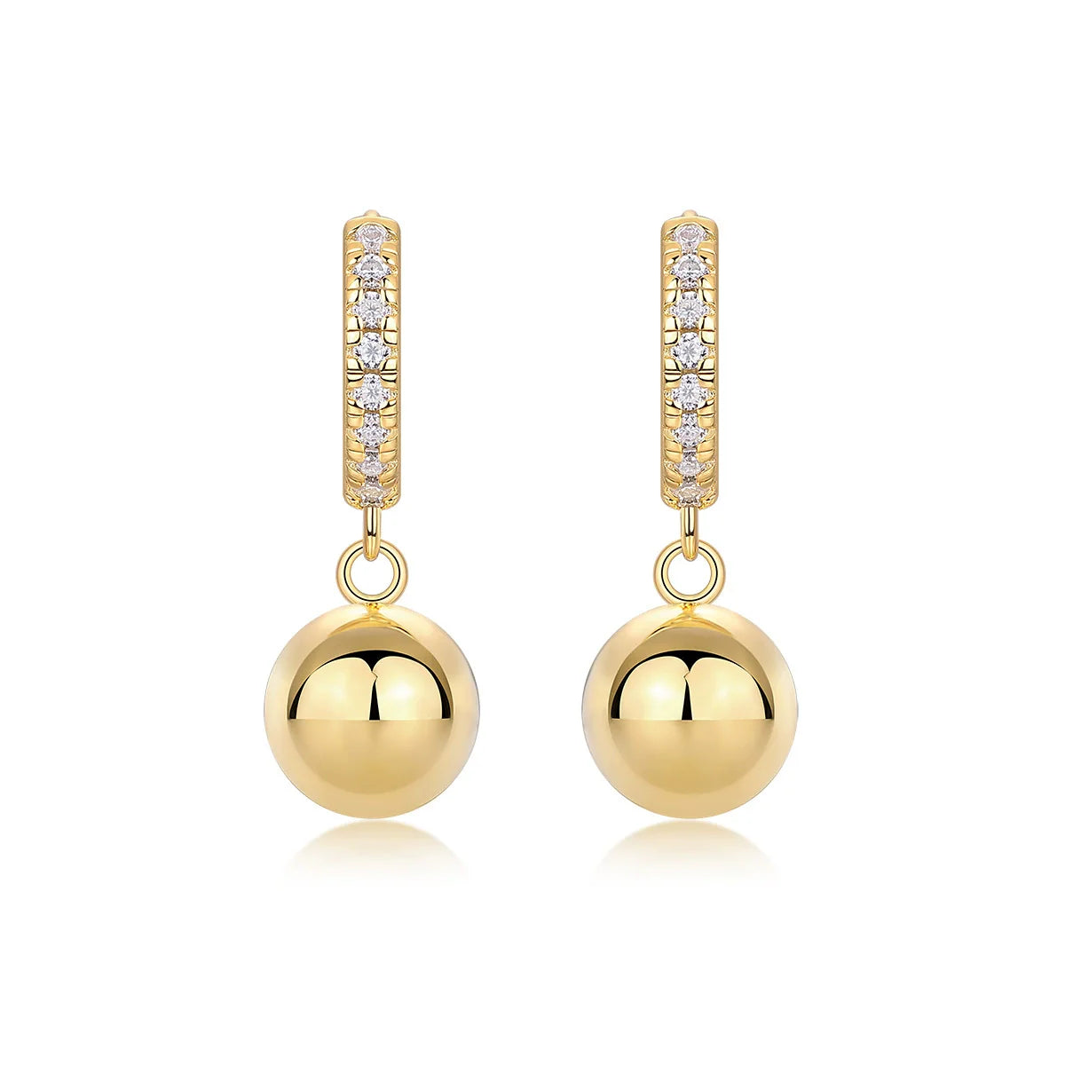 Boucles d'oreilles créoles sphères pendantes argent massif doré à l'or fin et moissanites