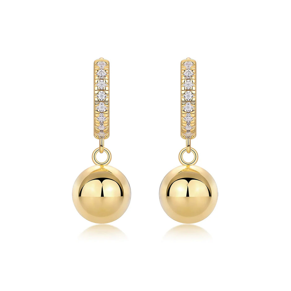Boucles d'oreilles créoles sphères pendantes argent massif doré à l'or fin et moissanites