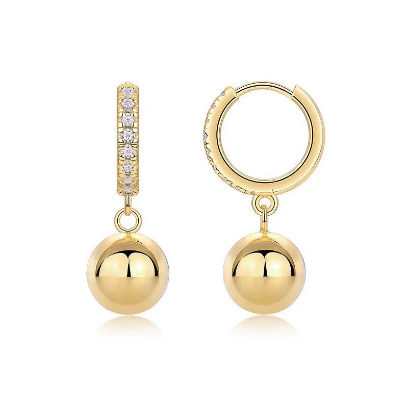 Boucles d'oreilles créoles sphères pendantes argent massif doré à l'or fin et moissanites