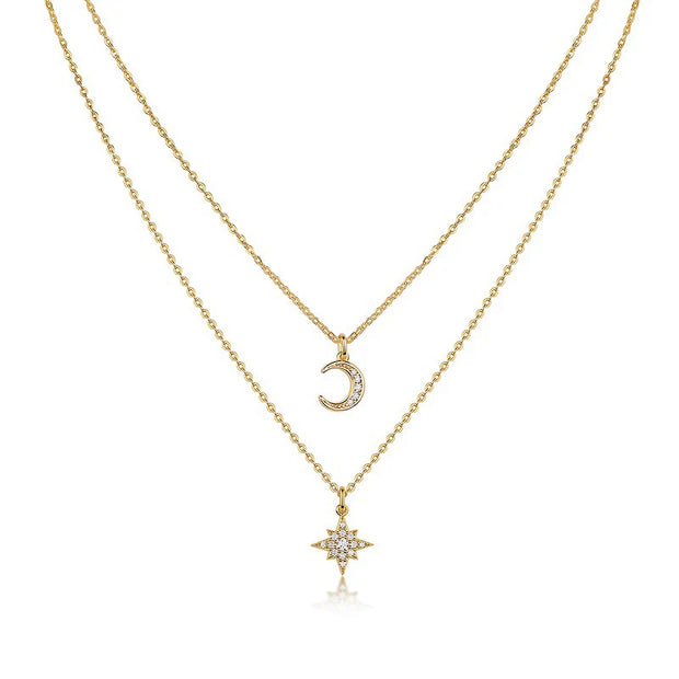 Colliers superposés Moon and Star argent massif doré à l'or fin et moissanites