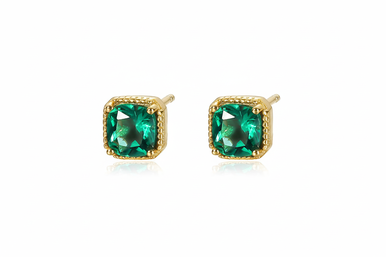 Boucles puces carré argent massif doré & zirconium